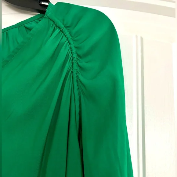 Loft Emerald Glow Shirred Raglan Long Sleeve V-neck Blouse - Picture 10 of 14